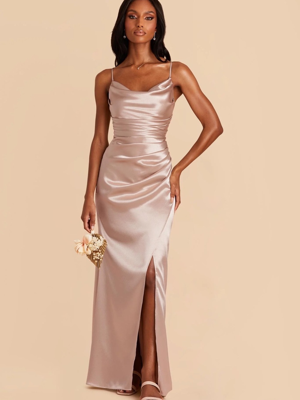 NWT Birdy Grey Lydia Bridesmaid Dress Shiny Satin Taupe XS